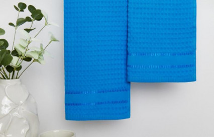 Комплект из 2-х вафельных полотенец Звезды синий на хангере Fine Line