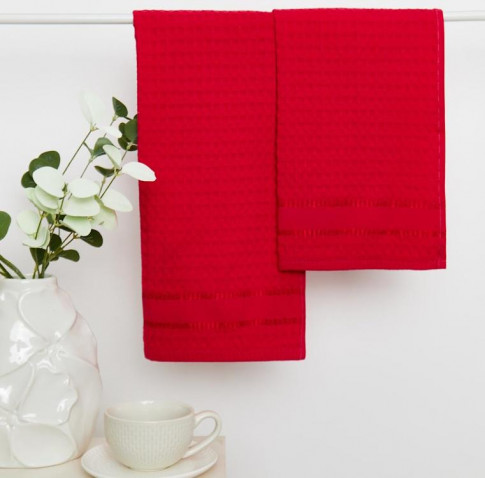 Комплект из 2-х вафельных полотенец Звезды красный на хангере Fine Line