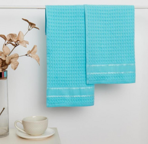 Комплект из 2-х вафельных полотенец Звезды голубой на хангере Fine Line