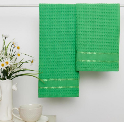 Комплект из 2-х вафельных полотенец Звезды зеленый на хангере Fine Line